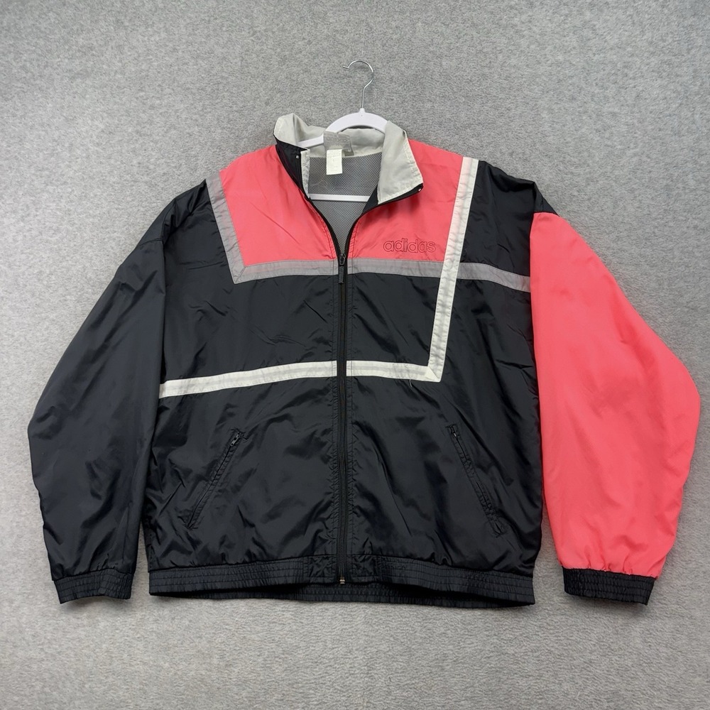 Vintage 80s 90s Adidas Windbreaker Track Jacket Black Pink Size Large Full Zip